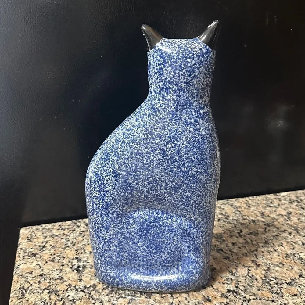 VTG Enesco Porcelain Blue Spongeware Speckled Kitty Cat Sculpture Figurine
